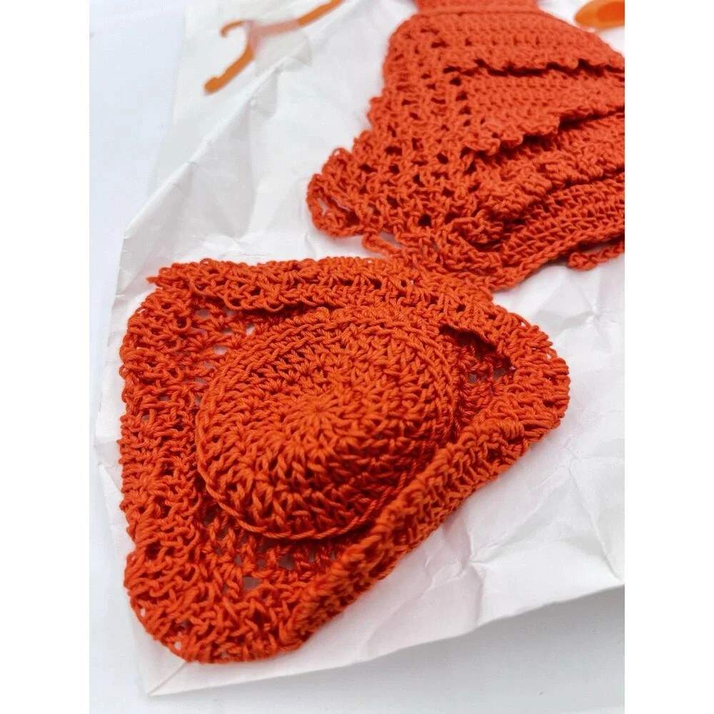 Vtg New Handmade Crocheted Orange Dress, Barbie Size With Hat, Purse, Shoes